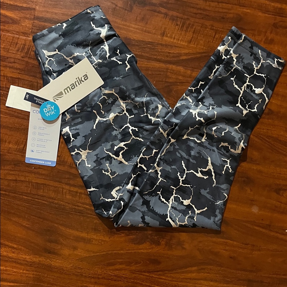 NWT Marika Ombre Blue Crackle Foil Zen Ankle Contender Luxe Leggings Size L